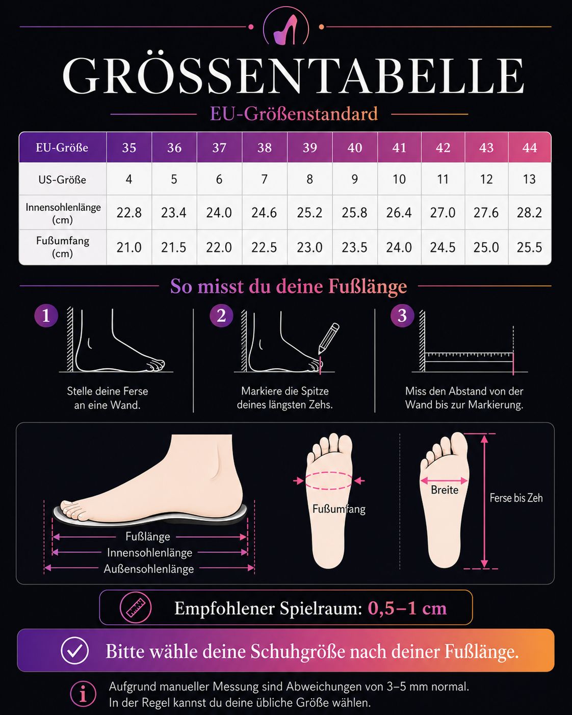 Größentabelle für Dancing Cat Pole Heels mit EU-Größen und Fußlänge